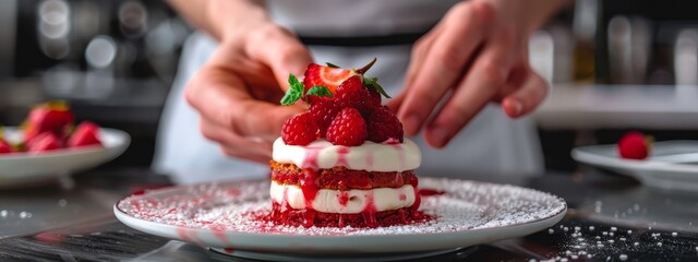 Wall Mural -  A tight shot of someone decorating a cake with strawberries and whipped cream on a plate, situated on a table
