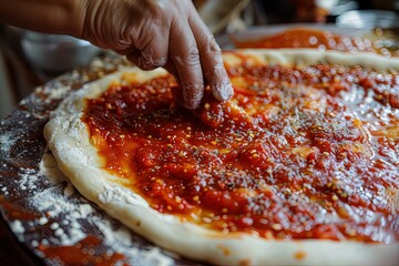 a person is putting sauce on a pizza