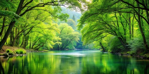 Wall Mural - Scenic view of a peaceful forest with vibrant green trees and a flowing river, nature, landscape, trees, forest, river