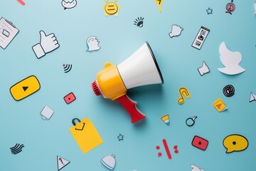 Leinwandbilder - A white megaphone with red and yellow accents sits on a blue background surrounded by colorful social media icons. Generative AI
