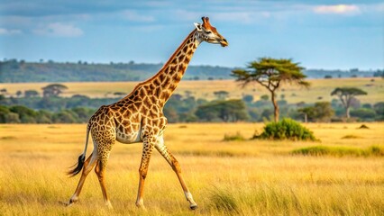 Wall Mural - Giraffe walking gracefully in the savannah with an ivory-colored coat, Giraffe, stroll, wildlife, safari, elegant
