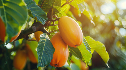 Wall Mural - Close-up of ripe papaya fruits hanging on a tree with sunlight streaming through leaves, showcasing nature's bounty.