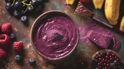 Wall Mural - Purple smoothie bowl with acai powder and fresh fruits on rustic background