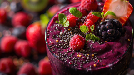 Wall Mural - Close-up of a vibrant mixed berry smoothie topped with fresh fruit, chia seeds, and mint leaves