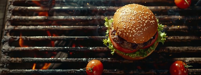 Wall Mural -  A hamburger atop a BBQ, ketchup-coated and adorned with lettuce Nearby, tomatoes wait