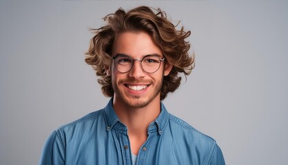 Wall Mural -  Smiling young Caucasian man with glasses and wavy hair in a denim shirt