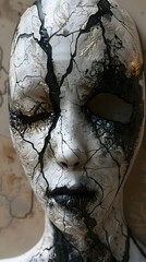 Canvas Print - Chilling Distorted Mask With Haunting Expression in Graphic Style and Contrasting Black and White Tones