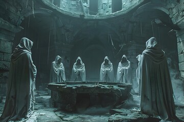 Wall Mural - Eldritch Ceremony in Shadowy Crypt,Acolytes Enacting Esoteric Ritual Around Stone Altar,Otherworldly Energies Swirling