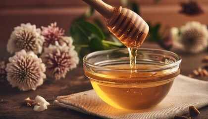 honey dripping from honey spoon in glass bowl