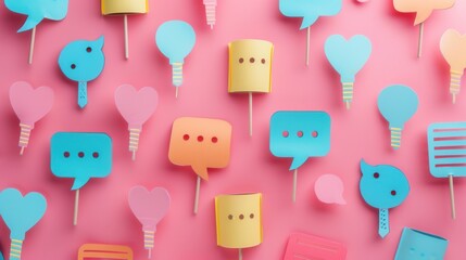 Aufkleber - A close-up image of colorful paper speech bubbles and icons, representing social media ads and announcements, set against a vibrant pink background. Generative AI