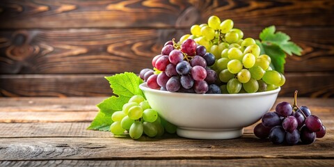 Wall Mural - Fresh purple and green grapes in a white bowl on a wooden table, grapes, fruit, bowl, fresh, healthy, food, snack, organic, ripe
