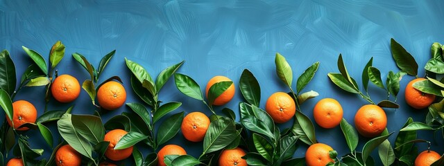 Wall Mural -  A collection of oranges with green leaves against a blue backdrop; background includes a near blue wall and another distant one