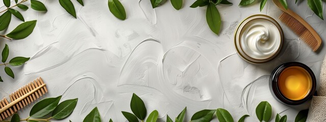 Wall Mural -  A white surface holds a bowl of cream, accompanied by a brush and a comb Green leaves gracefully sit nearby