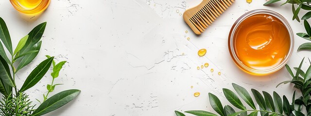 Wall Mural -  A bowl of honey and a comb next to it on a white surface Green leaves nearby Another comb of honey on the side