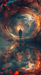 Wall Mural - Moody Atmospheric Interpretation of Theory of Relativity with Lone Silhouetted Figure in Swirling Abstract Landscape