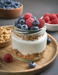 Wall Mural - yogurt with raspberries, blueberries and granola in a glass jar