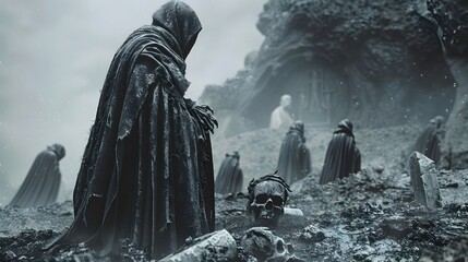 Poster - Necromancer Conducting Dark Ritual Amidst Mystical Artifacts and Skeletal Figures in Misty Graveyard