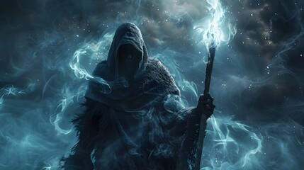 Wall Mural - Shadowy Sorcerer Wielding Glowing Magical Staff Amidst Stormy Night Sky