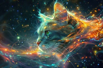 Wall Mural - Captivating of a cosmic cat with vibrant glowing fur surrounded by abstract space elements stars and mystical celestial phenomena in a visually stunning imaginative composition