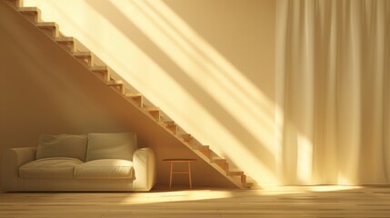 Wall Mural - Cozy sunlit living room with staircase and comfortable couch