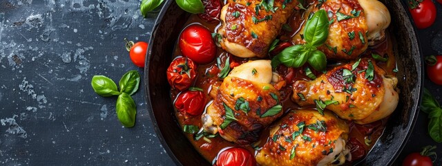  A pan filled with chicken in marinara sauce, topped with basil and cherry tomatoes Side arrangement includes more cherry tomatoes