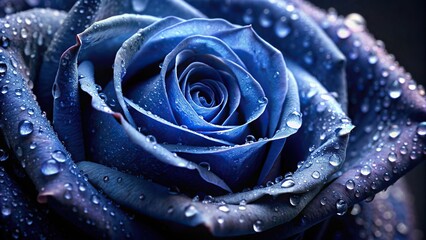Wall Mural - Dark blue rose with water droplets, symbolizing mystery and elegance, rose, flower, dark blue, water droplets, nature, beauty