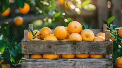 Wall Mural - Box of oranges against the backdrop of the garden