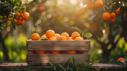 Wall Mural - Box of oranges against the backdrop of the garden