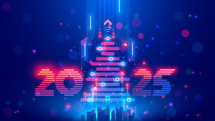 Christmas poster with christmas tree, digits 2025 in electronic technology style. New year, merry christmas congratulations card in cyber computer design. Tech digital banner of event in 2025 year.