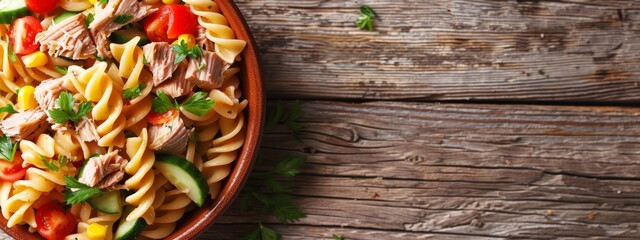 Wall Mural -  A tight shot of a plate filled with pasta, meat, and vegetables atop a weathered wooden table Parsley garnishes the dish