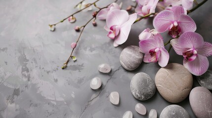 Canvas Print - Orchid blooms and spa stones against a gray backdrop