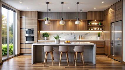 Wall Mural - Sleek contemporary kitchen with waterfall countertops, pendant lights, and built-in coffee station