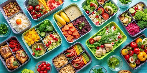 Wall Mural - Healthy meal delivery service with colorful, nutritious meals in takeout boxes, Meal prep