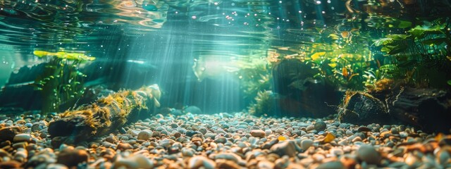  A large aquarium teeming with various types of seaweed, blanketing the tank's floor beneath clear water