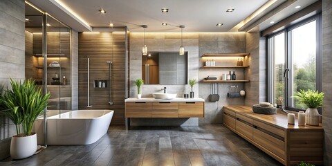 Sticker - Modern bathroom interior with sleek furniture and elegant fixtures, modern, bathroom, interior, furniture, elegant