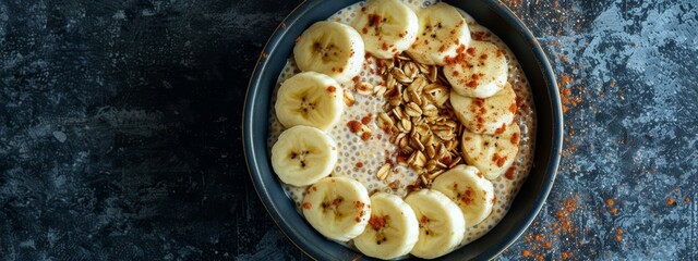 Wall Mural -  A blue plate holds a bowl of oatmeal topped with sliced bananas and almonds