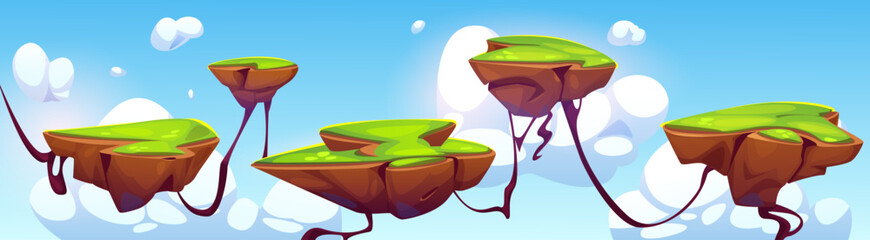 Wall Mural - arcade game level landscape with flying island platform for jump. cartoon vector floating ground pie