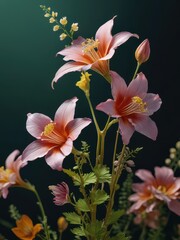 Wall Mural - Delicate Pink Flowers with Green Leaves on a Dark Background.