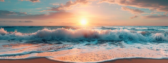 a wave crashes ashore, sun distances away