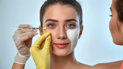 Wall Mural - A woman is getting her face painted with a white substance