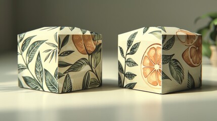 Two boxes with orange and green leaves and oranges on them
