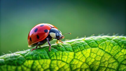 Wall Mural - Closeup of a ladybug sitting on a green leaf, ladybug, insect, closeup, nature, green, leaf, small, bug, red, macro, wildlife