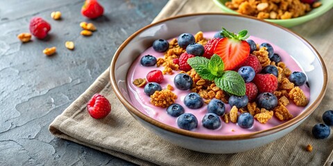 Wall Mural - Plate of colorful cereal and berry yogurt with granola sprinkled on top, breakfast, healthy, colorful, food, yogurt, berries