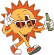 © Buch&Bee - Retro groovy sun character with juice drink bottle and stylish sunglasses. Isolated vector summer solar personage with lively, carefree expression and rays, enhancing cheerful holidays vacation vibes