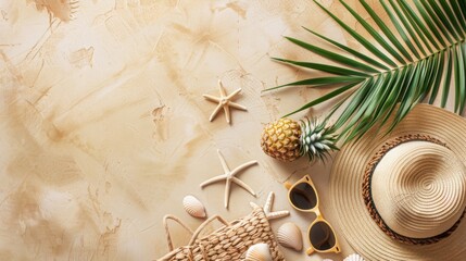 Straw hat, sunglasses, pineapple, woven bag, palm leaf, shells and starfish on a beige background - pure summer bliss.