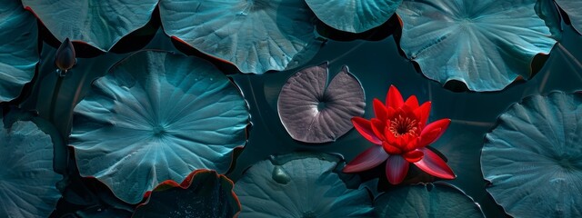Wall Mural -  A red flower floats in the center of a pond teeming with water lilies and their leafy greens