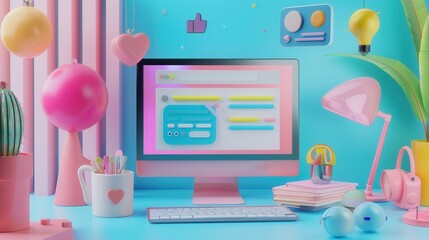 Aufkleber - A 3D illustration of a desk with a computer showing social media ads and other marketing elements in a colorful, playful style. Generative AI