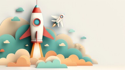 Wall Mural - Cartoon Rocket Launching into the Clouds.