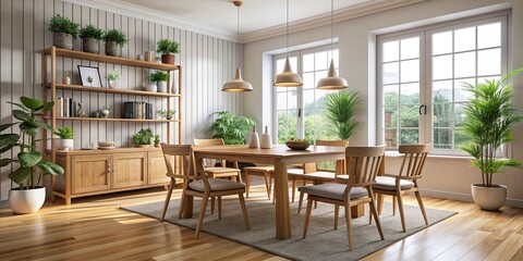 Wall Mural - Cozy dining room interior featuring a wooden table and chairs, Cozy, dining room, interior, table, chairs, furniture, home