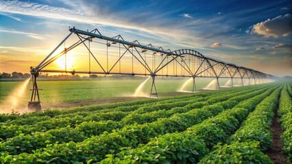 Wall Mural - Irrigation system on agricultural soybean field, soybean, field, farm, agriculture, watering, technology, green
